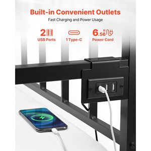 Letto a giorno matrimoniale in metallo con luci LED, ricarica USB, altezza regolabile e letto estraibile, piattaforma robusta - Product Image 6