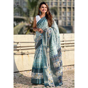 ผ้าไหมชานเดรีพิมพ์ลายดอกไม้สำหรับงานกลางคืน ยี่ห้ออีลิท วีฟส์ สกาย พร้อมขอบผ้าปักลายแจ็คการ์ด น้ำหนัก 600 กรัม - Product Image 2