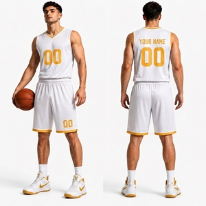 Conjunto de Camiseta de Baloncesto Blanca para Hombre, Sin Mangas, Cuello en V, Números Amarillos Sublimados, Ribete, Poliéster que Absorbe la Humedad, Corte Regular - Product Image 1