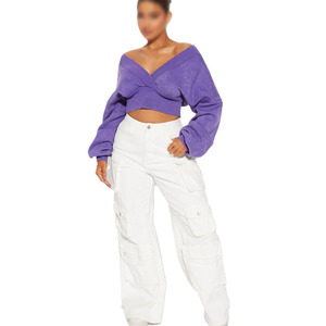 Custom Women's Cross Neck Cropped Lounge Sweatshirt 100% Cotton Casual Crop Pullover Off Shoulder Women's Hoodies - Product Image 4