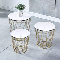S/3 maison moderne rond en métal doré panier placage fraude marbre haut Accent côté maison et bureau Tables d'extrémité de nidification avec ensemble de rangement