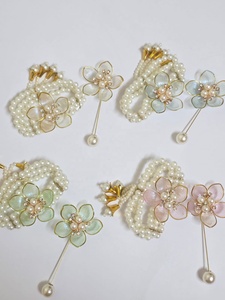 Handcrafted Floral Jewelry Sets Multi-Strand Pearl <b>Bracelets</b> Ornate Gold Toned Tassels And <b>Matching</b> Long-Stemmed Floral Pins - Product Image 2