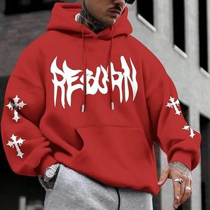 Sweat-shirt à capuche rouge personnalisé pour homme, coupe oversize, décontracté, en coton tricoté, pour l'automne, imprimé croix blanche, manches classiques, OEM - Product Image 5