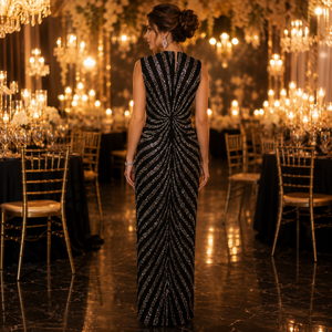 Luxury Women Black <b>Sequin</b> Evening Gown Elegant V Neck Sleeveless Maxi Dress Premium Designer Party Wear Wedding Reception Formal - Product Image 4