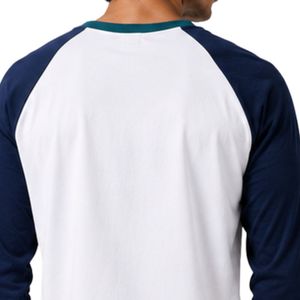 Camiseta de manga larga raglán personalizada en blanco y azul marino para hombre, de algodón premium, cuello redondo, con gráfico de béisbol, ropa personalizada OEM. - Product Image 5