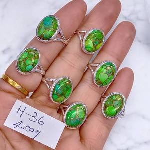 925 Sterling Silver Bezel Setting Solid Oval Shape Natural Green Copper <b>Turquoise</b> Beaded Daily Wear <b>Ring</b> For Women Wholesale - Product Image 2