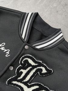 Men's Varsity <b>Jacket</b> Black Grey Sleeve Embroidered Cross Wisdom Peace Patch Design Streetwear Style Turn-down Collar - Product Image 4