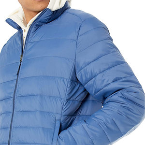 Men's Blue Puffer <b>Jacket</b> Solid Color Zipper Front Windproof Casual Autumn Wear Polyester Wadding Stand Collar Regular Fit - Product Image 6