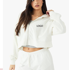 Sweat-shirt à capuche décontracté Modest 2026 avec fermeture éclair, coupe carrée courte, en molleton bouclette, broderie logo, pour femme, hiver - Product Image 3