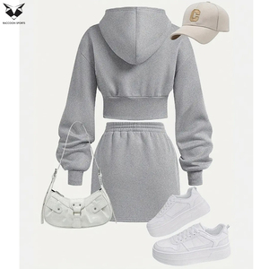 2 Pcs Casual Outfits <b>Set</b>, In Gray Color Cotton French Terry Soft Zipper Hooded Pullover Top and High Waist Long Skirt <b>Set</b> - Product Image 2