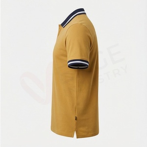 Polo à manches courtes pour homme, jaune moutarde, coton piqué, anti-rides, coupe classique, tricot uni, design décontracté - Product Image 3