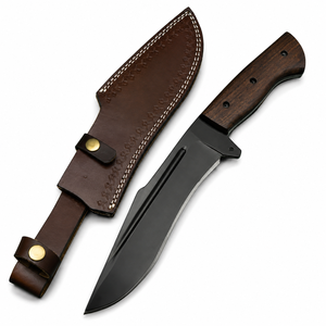 Couteau de chasse artisanal en acier inoxydable à lame pleine, manche en bois, lame à pointe tombante, étui en cuir noir, outil de survie en plein air - Product Image 1
