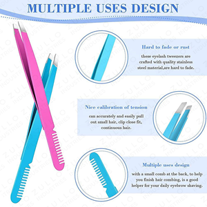 High Quality Stainless Steel Slant Tip Eyebrow Tweezers with Comb OEM Custom Logo Professional Care Beauty Tool Set - Product Image 6