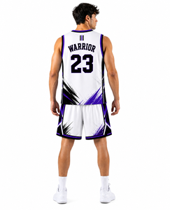 Conjunto de Camiseta y Pantalones Cortos de Baloncesto Premium Elite Squad en Blanco, Negro y Morado con Diseño Dinámico de Pinceladas para Competición - Product Image 4