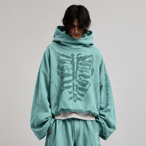 Hoodie à capuche large et épais en tissu délavé, imprimé ton sur ton, style streetwear - Product Image 1