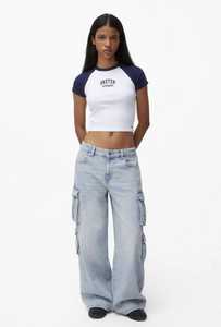 ONETEN APPAREL T-shirt court pour femme à manches raglan, col rond, en jersey de coton, blanc et bleu marine, uni, décontracté, printemps-été - Product Image 1