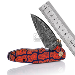 Couteau pliant en acier Damas personnalisé en gros, manche en Micarta à empreinte digitale, prix d'usine, couteau de poche EDC, étui en cuir, vente en gros - Product Image 1