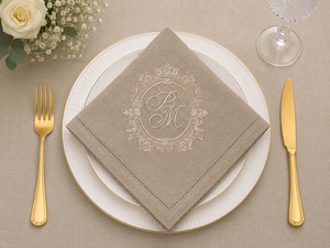 Embroidered <b>Linen</b> <b>Cloth</b> Napkin Square Dinner Napery Beige <b>Table</b> Decor Custom Monogram Wedding Dining - Product Image 1