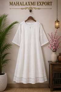 <b>White</b> Solid Chiffon Pleated Casual Dress Loose Fit <b>Maxi</b> O-Neck 3/4 Sleeve 100% Cotton ODM Beach Vacation Wear - Product Image 6
