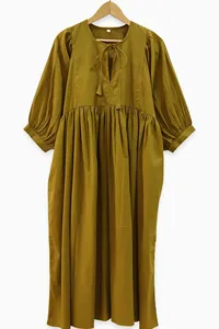 Robe maxi en coton uni vert olive bohème avec col noué et manches bouffantes, coupe ample, style décontracté pour le printemps, pour femmes - Product Image 2