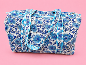 Fashty <b>Lifestyle</b> Blue Floral Quilted Luxury Duffel <b>Bag</b> Boho Tote Travel Gym Weekender Cotton Liner Zipper Closure Large Capacity - Product Image 1