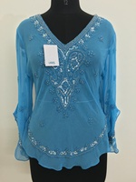 Blouse Femme Personnalisable à Manches Longues en Georgette Brodée à la Main de Paillettes et Perles, Col en V, Style Hip-Hop, Glamour et Luxe, Très Demandée