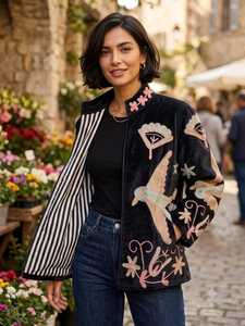 Chaqueta de Terciopelo Bordada a Mano con Encanto Atemporal, Diseño Floral y de Aves, Estilo Bohemio Artesanal, Forro de Algodón, Prenda Exterior para Mujer - Product Image 1