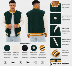เสื้อแจ็คเก็ตวาร์ซิตี้กันน้ำสำหรับผู้ชาย ยี่ห้อ SINEWY SPORTS ผลิตจากผ้าโพลีเอสเตอร์/คอตตอนผสม สีเขียวขาวลายทาง ซิปด้านหน้า ปลายแขนเสื้อแบบริบ - Product Image 1