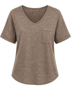 Custom Taupe V Neck Womens Casual T Shirt Short Sleeve Cotton Blend Soft Lightweight Pocket Tee Summer Comfortable Fashion <b>Top</b> - Product Image 1