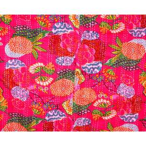 Couvre-lit Kantha indien fait main, 100% coton, imprimé à la main, motif floral, poids du tissu 220g, origine Rajasthan - Product Image 2