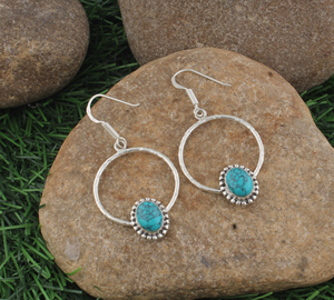 Pendientes Colgantes de Plata de Ley 925 al por Mayor con Marco Circular de Turquesa, Gema Ovalada Natural con Engaste de Cuentas y Gancho Circular, Regalo - Product Image 5
