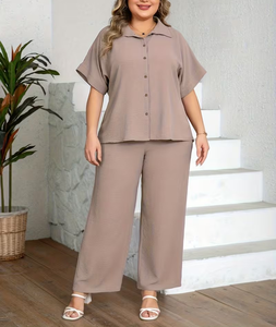 Women 2-Piece Set Solid Color Short Sleeve Top With Button Front Loose Fit Wide Leg Pants Casual Spring Summer Wear - Product Image 2