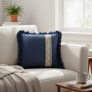 Navy Blue Denim Square <b>Cushion</b> <b>Cover</b> with Floral Lace Handmade Luxury Living Indian Manufacturer - Product Image 1