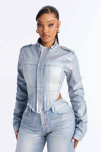 Women's Light Blue <b>Denim</b> <b>Jacket</b> Cut-Out Detail Zipper Front Casual Autumn Winter Vintage Style 100% Cotton <b>Custom</b> <b>Denim</b> <b>Jackets</b> - Product Image 2