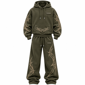 Conjunto de Sudadera con Capucha Extra Grande Unisex para Invierno, Verde Oliva, Bordado, Felpa Francesa, Pantalones Deportivos Casuales, Bolsillo Delantero, 100% Algodón - Product Image 1