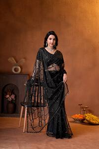 Sari de red negro azabache de lujo con bordado pesado de lentejuelas negras, diseño Bollywood, elástico, para verano, bodas indias, fiestas de noche - Product Image 4