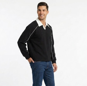 Men's Black Long Sleeve Knitted <b>Polo</b> <b>Shirt</b> With <b>White</b> Collar And Trim Casual Solid Style Regular Fit - Product Image 3