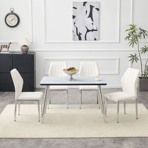 Set da Pranzo con Tavolo in Vetro Effetto Marmo Bianco, Base in MDF e Gambe Affusolate in Metallo Argento, 4 Sedie - Product Image 4
