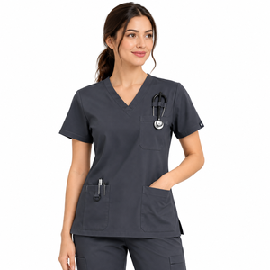 Dunkelgraues V-Ausschnitt-Oberteil für Damen mit Taschen und Stethoskophalter, Krankenhausuniform - Product Image 3