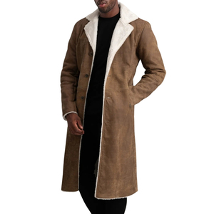 Manteau en cuir véritable marron pour homme, longueur genou, col à revers cranté, simple boutonnage, doublure en fourrure - Product Image 2