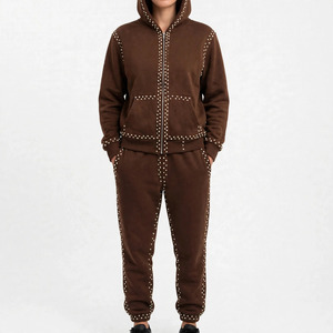 Brown Heavyweight Oversized Tracksuit Women Unisex Zip Hoodie Jogger <b>Pants</b> <b>Plaid</b> Washed Streetwear Winter Casual 100% Cotton - Product Image 2