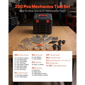 Set di Attrezzi per Riparazione Auto da 230 Pezzi, Kit Meccanico con Chiavi a Bussola SAE e Metriche da 1/4, 3/8, 1/2 Pollici e Cacciaviti per Riparazioni Auto - Product Image 3