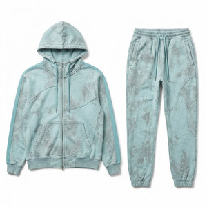 Men Acid Wash Two Piece Tracksuit Full <b>Zip</b> <b>Hooded</b> Jacket Matching Joggers Relaxed Fit Casual Sportswear Fashion Outfit - Product Image 1