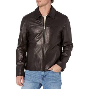 Veste en cuir véritable pour homme, marron, col rabattu, fermeture éclair, style décontracté, coupe classique, couleur unie, pour l'automne - Product Image 6