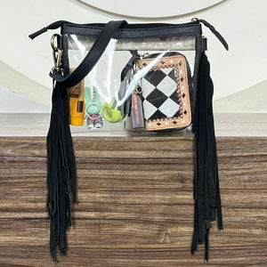 Sac à bandoulière pour femme avec franges, en cuir véritable travaillé à la main, sangle réglable, fermeture éclair, style vintage western bohème, sac à main transparent - Product Image 6