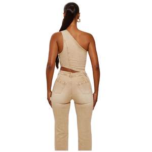 Jeans en denim beige de haute qualité, coupe slim taille haute, style chic minimaliste urbain, mode féminine, vente en gros, fourniture OEM ODM - Product Image 2