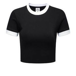 Camiseta Corta de Verano 2024, Estilo Retro Americano, Cuello Redondo, Manga Corta, Contraste de Color, para Mujer - Product Image 1