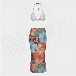 Ensemble bikini 2 pièces pour femmes, imprimé floral léopard, avec haut à bretelles et bas de jupe, maillot de bain extensible en spandex et polyester - Product Image 2