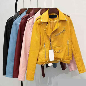 Blousons moto en cuir colorés pour femmes, col montant, fermeture éclair, longueur courte, manches longues, couleur unie, style motard, automne - Product Image 2