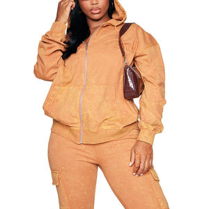 Survêtements de course pour femmes en polyester/coton, orange, à capuche, coupe régulière, ensemble 2 pièces, motif à carreaux, prix de gros en promotion - Product Image 2